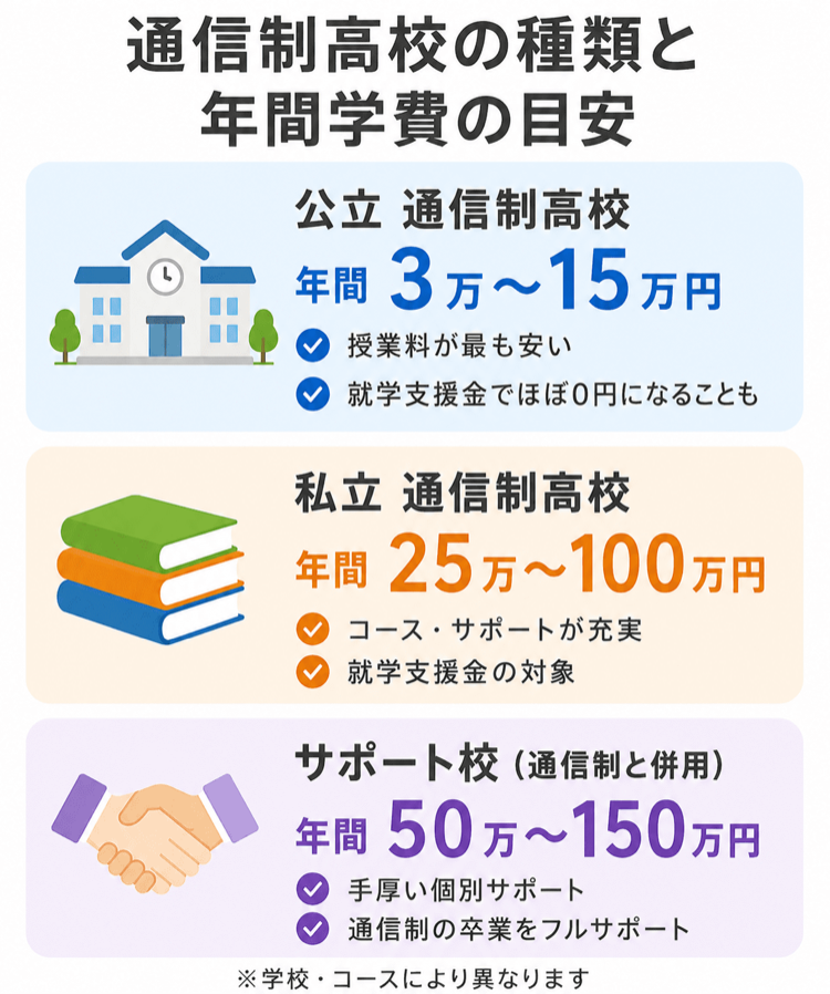 通信制高校の種類と年間学費の目安